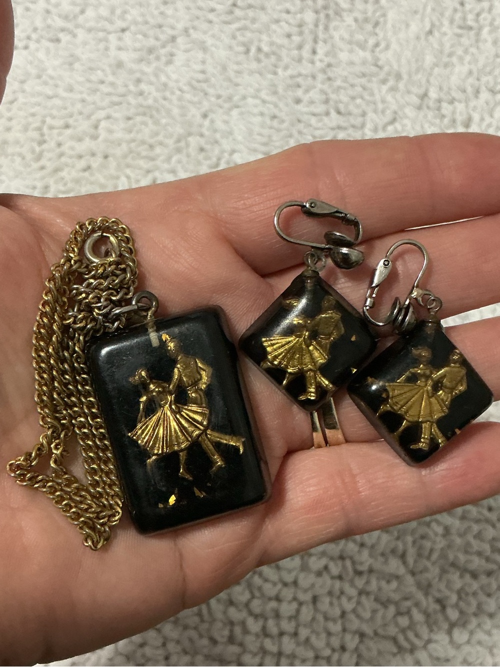 Vintage Dancing Couple Necklace and Clip On Earrings